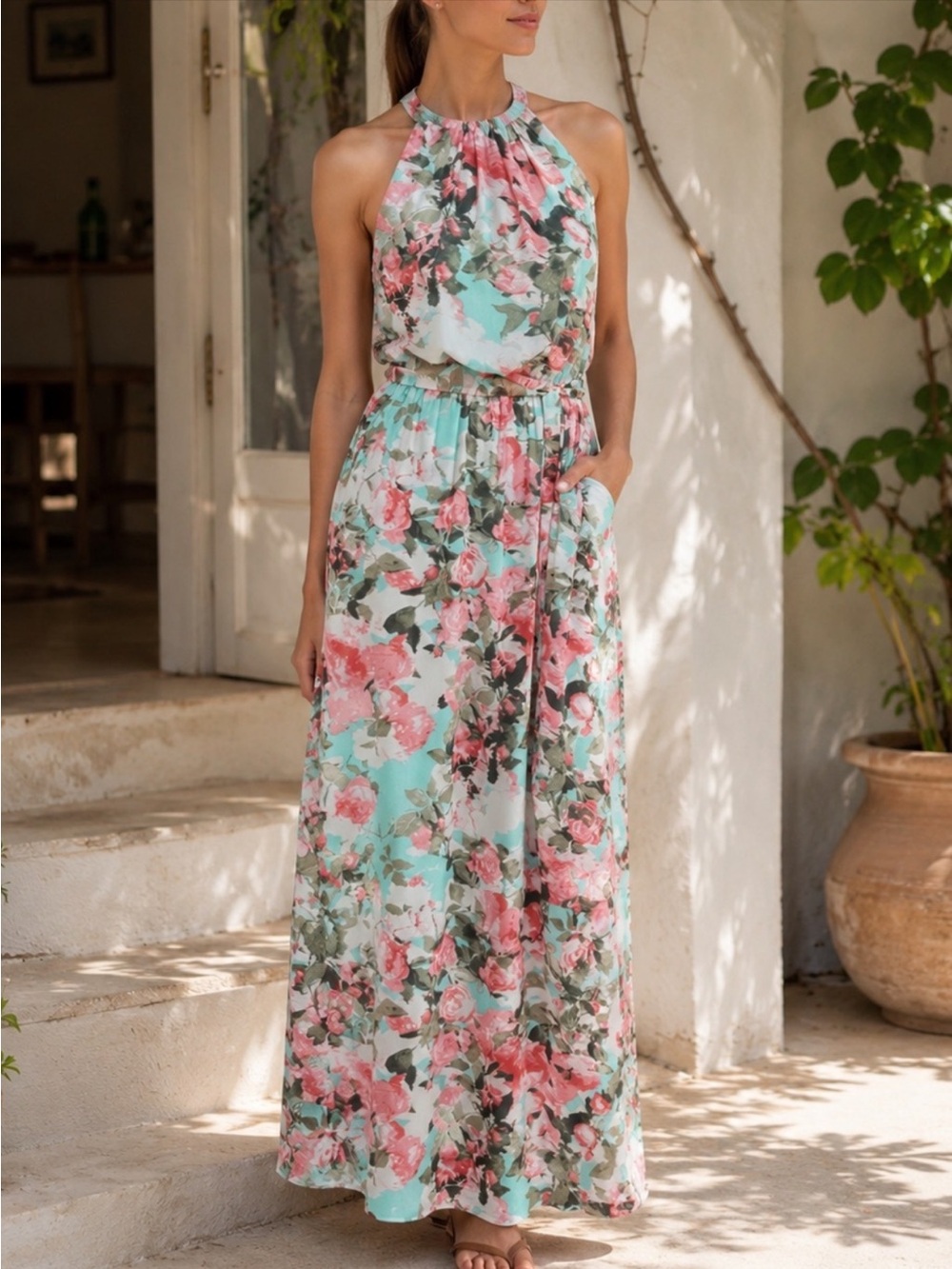 NWT Floral Halter Maxi Dress in Pink and Blue Watercolor Print Size 4
